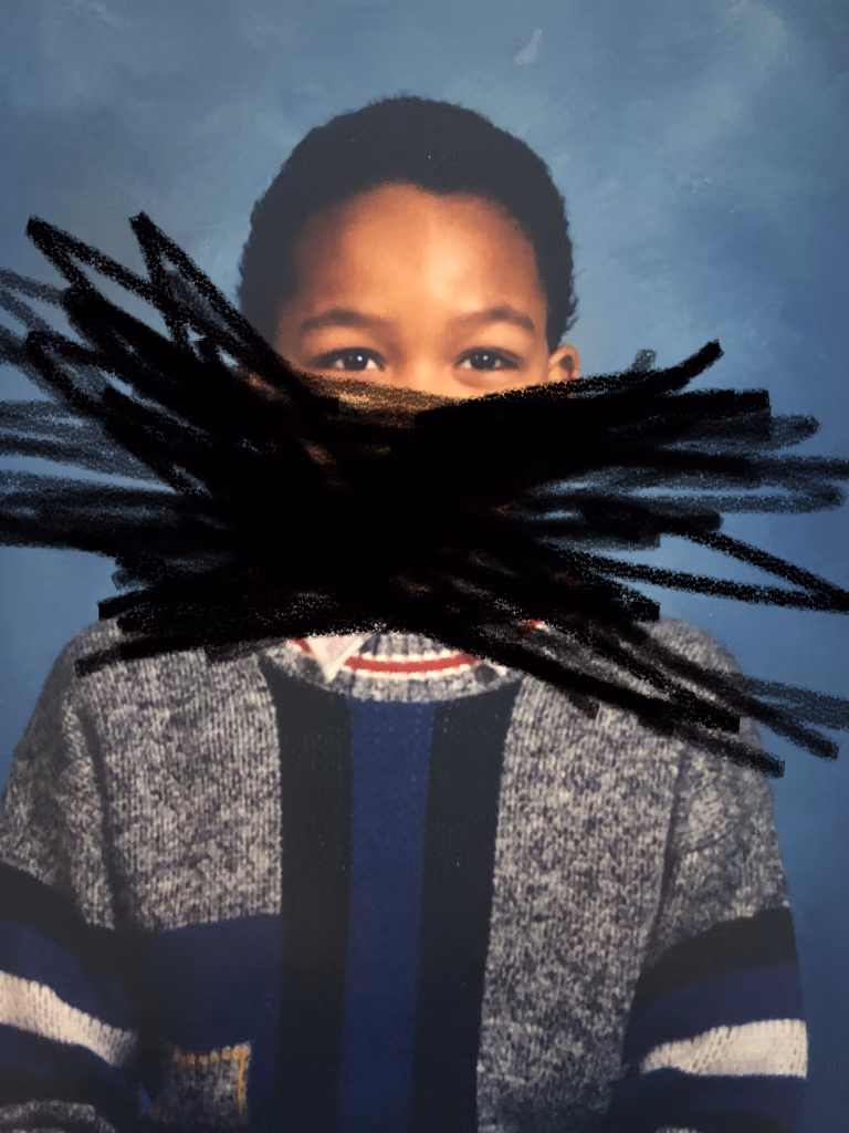 A small boy that no one heard. His mouth is crossed out and he is dead
